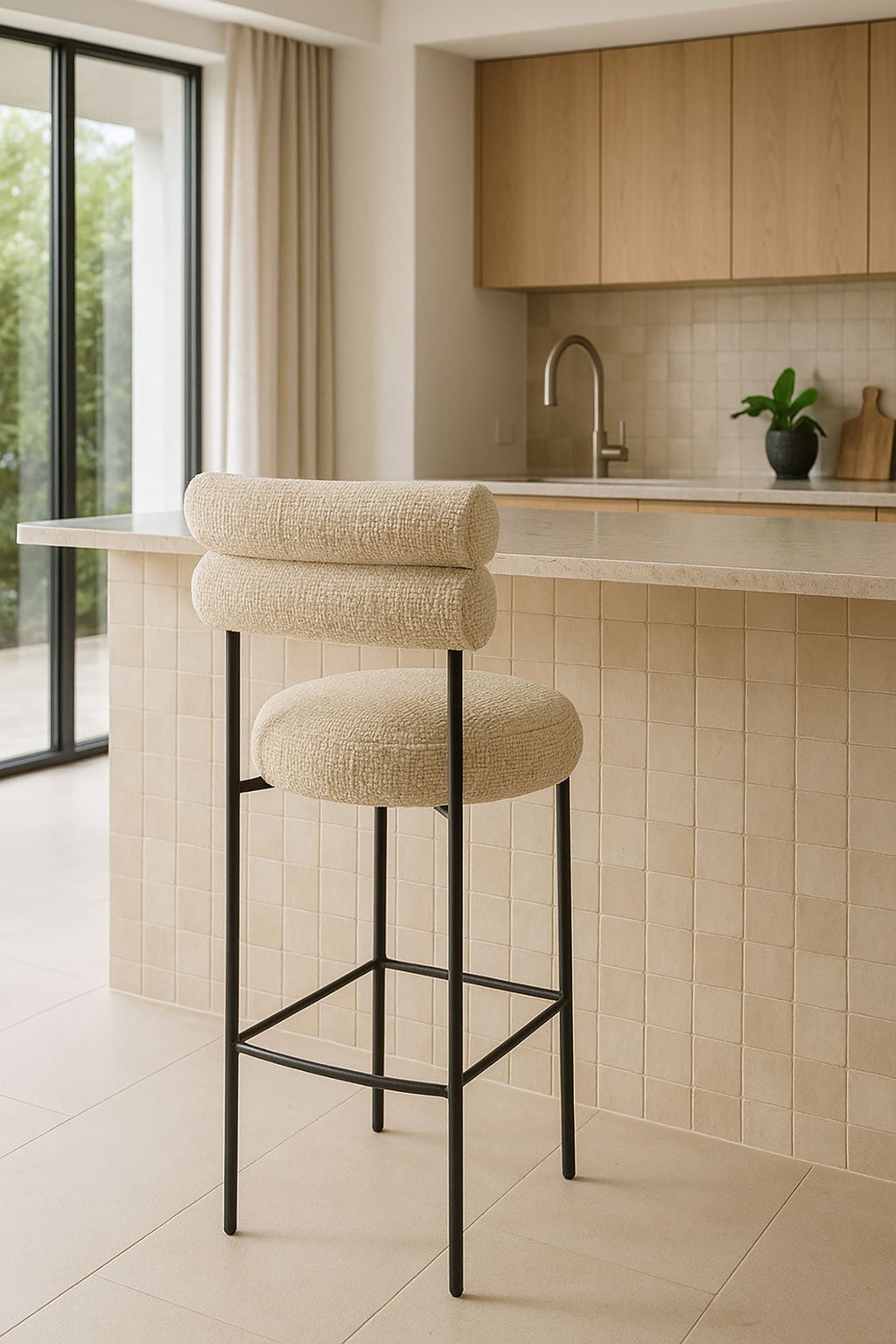 Gina - Lot2 Chaises De Bar - Tweed/Métal - Beige/Noir