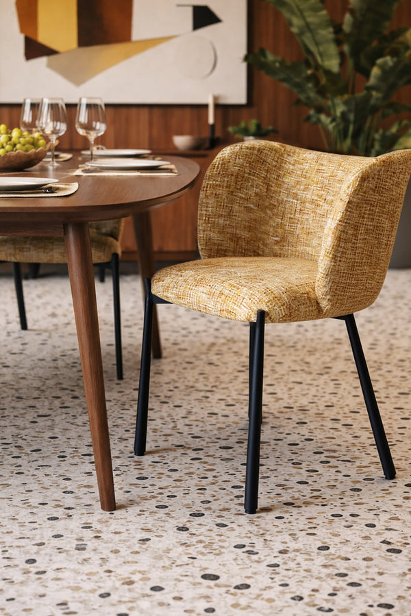Suzan - Lot 2 Fauteuils De Table - Tissu Tweed/Métal - Ocre/Noir