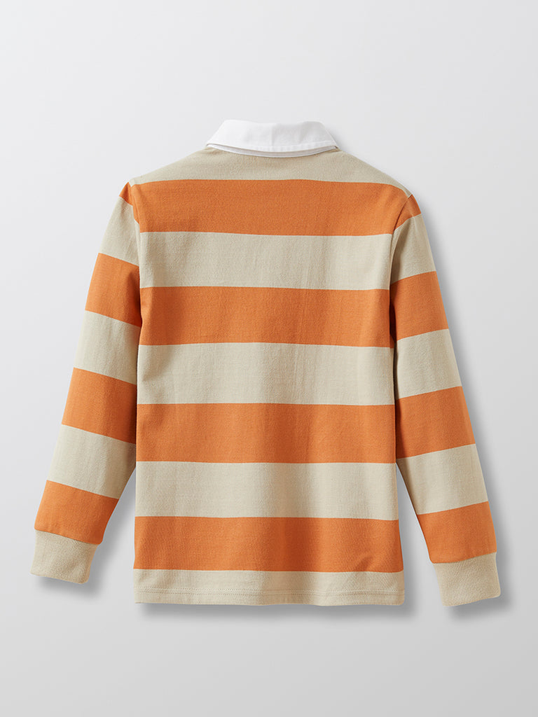 Cyrillus - Pull Rugby Rayé - Orange Moyen Grise - Garçon