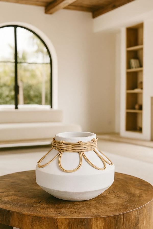 Nour - Vase - Rotin/Beton - Blanc