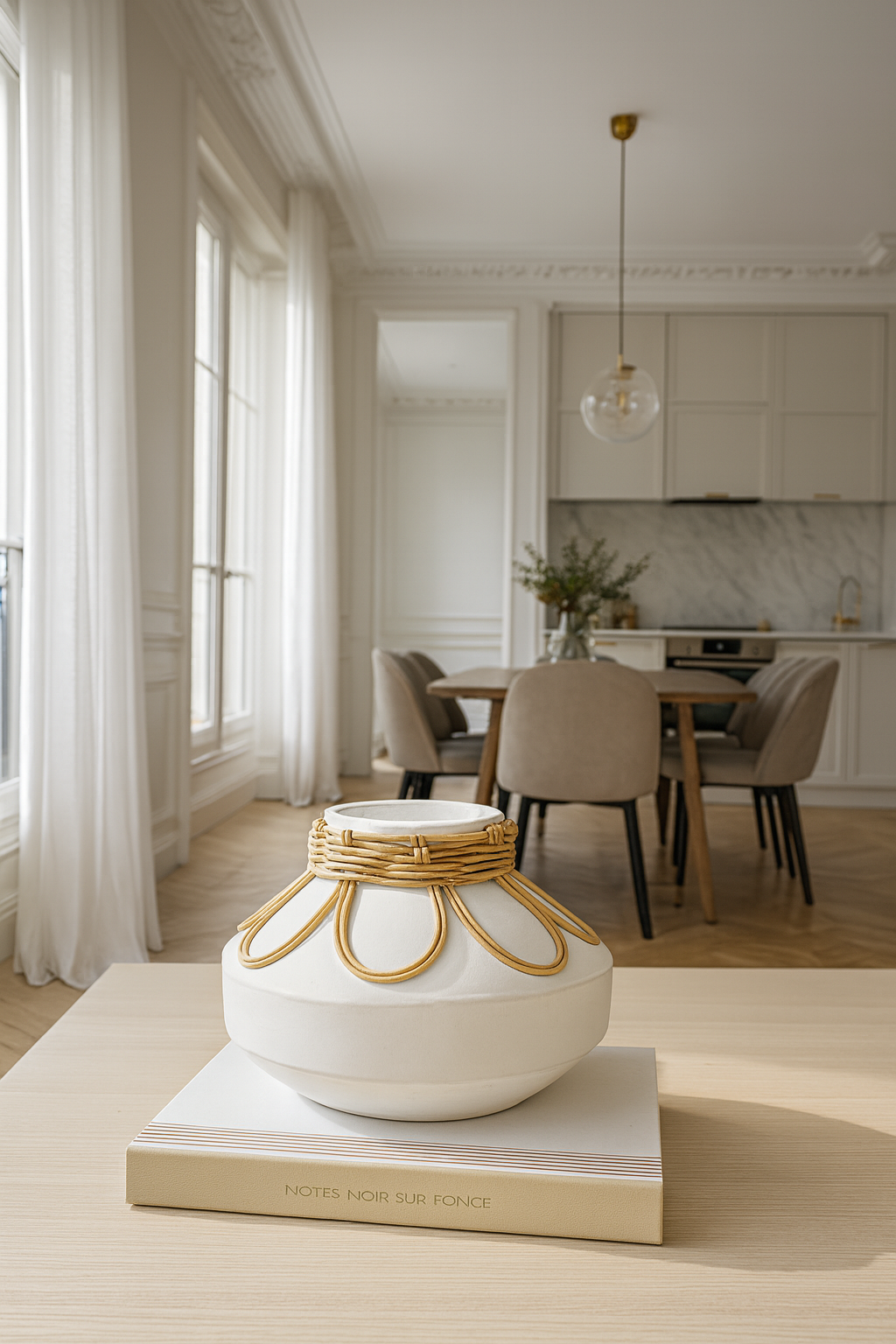 Nour - Vase - Rotin/Beton - Blanc