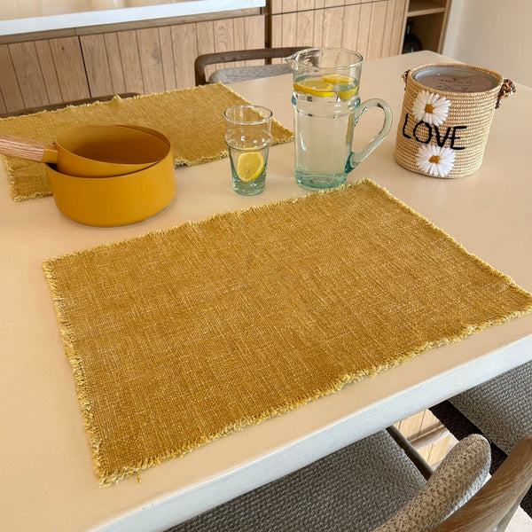 Anoki - Lot De 4 Sets De Table Frangés - Tissu - Jaune Mimosa