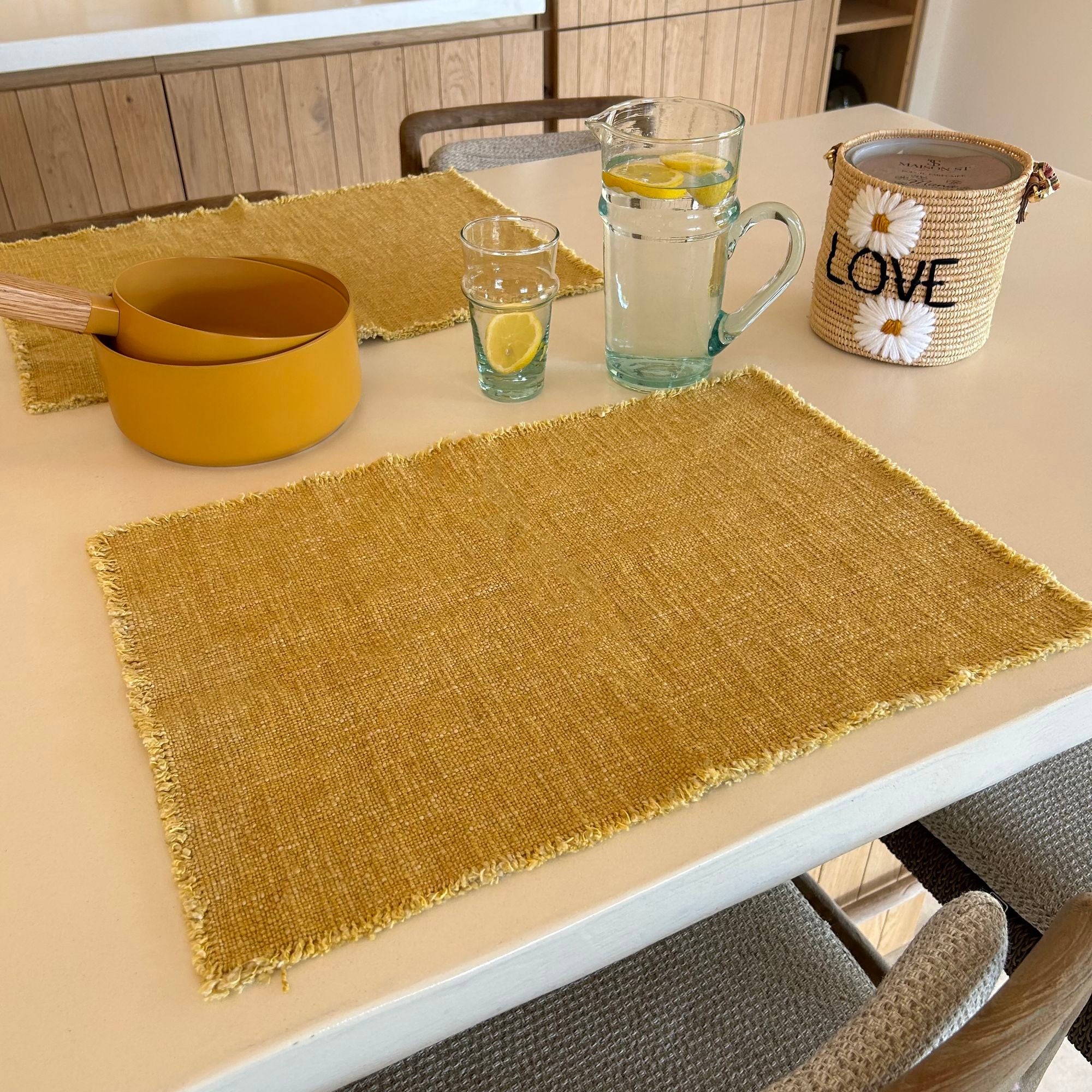 Anoki - Lot De 4 Sets De Table Frangés - Tissu - Jaune Mimosa