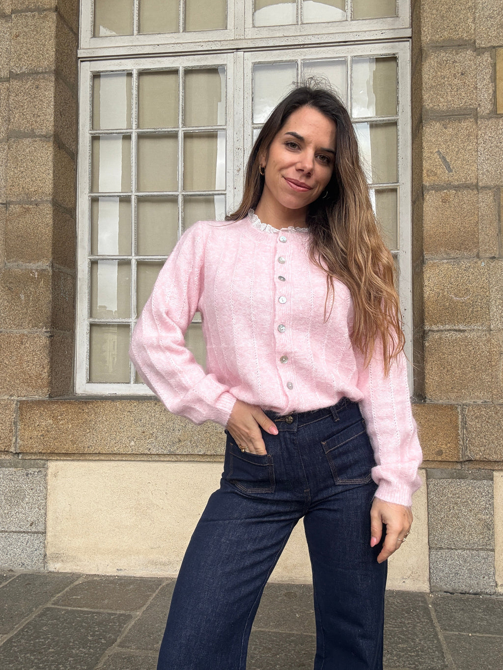 Cardigan Lola Baby Rose À Col Dentelle