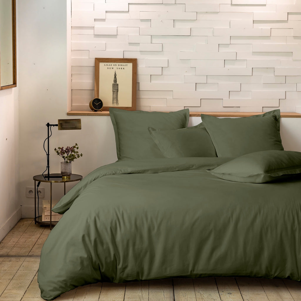Parure De Lit Complète - 3 Pièces - 100% Percale De Coton - Kaki