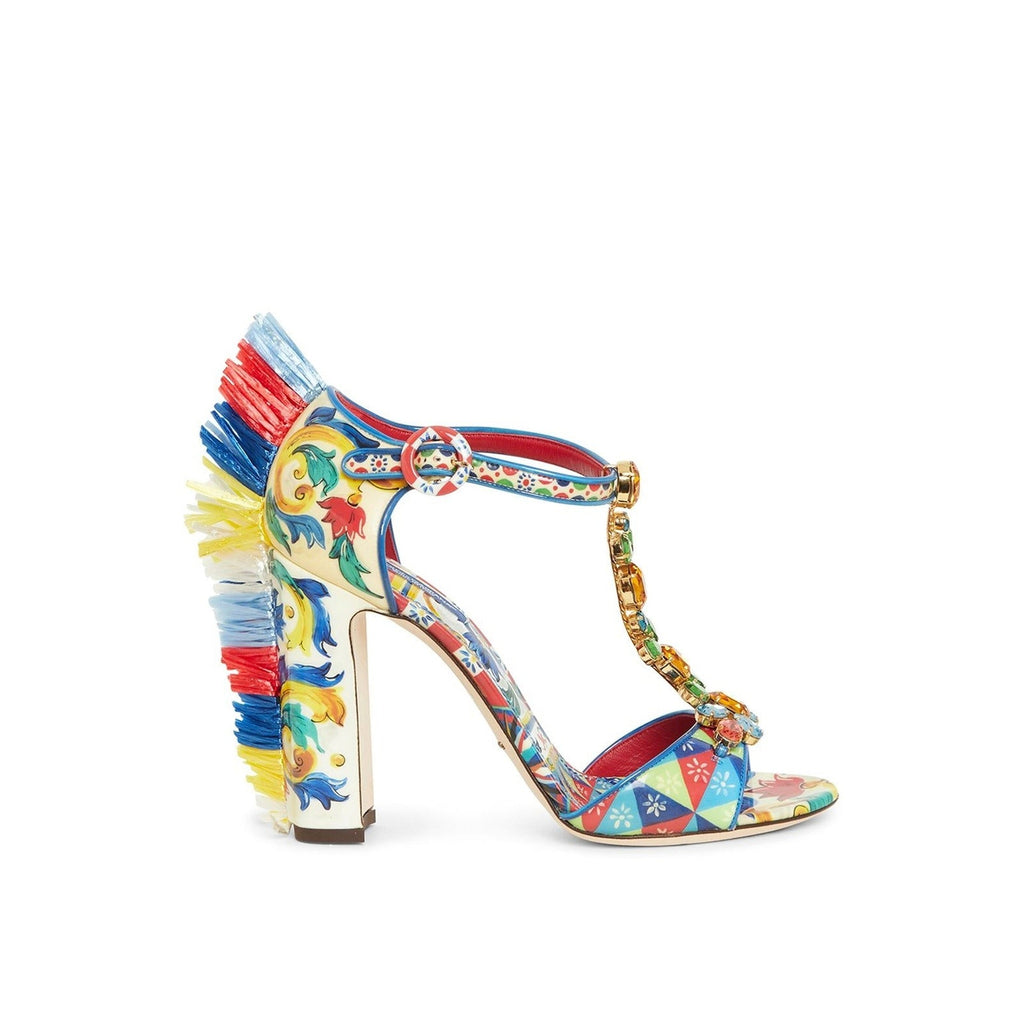 Dolce & Gabbana Raffia-Trimmed Leather Sandals - Blue - Femme
