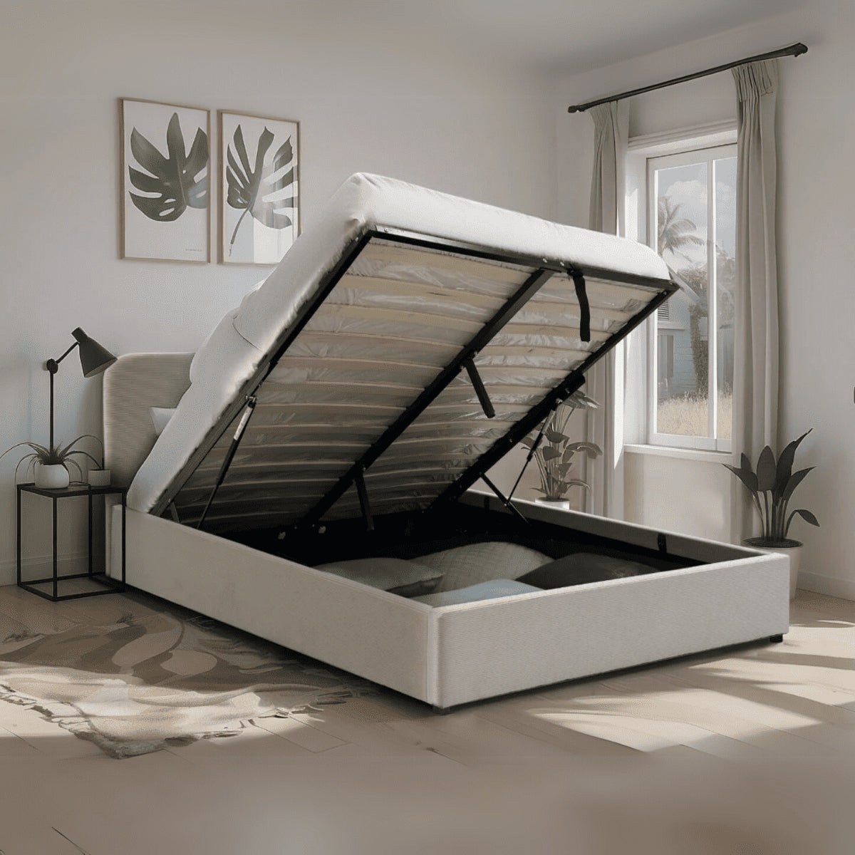 Livy - Lit Coffre - Velours Côtelé - Beige