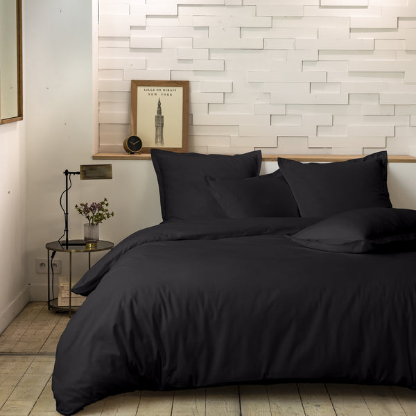 Parure De Lit Complète - 3 Pièces - 100% Percale De Coton - Mura - Noir