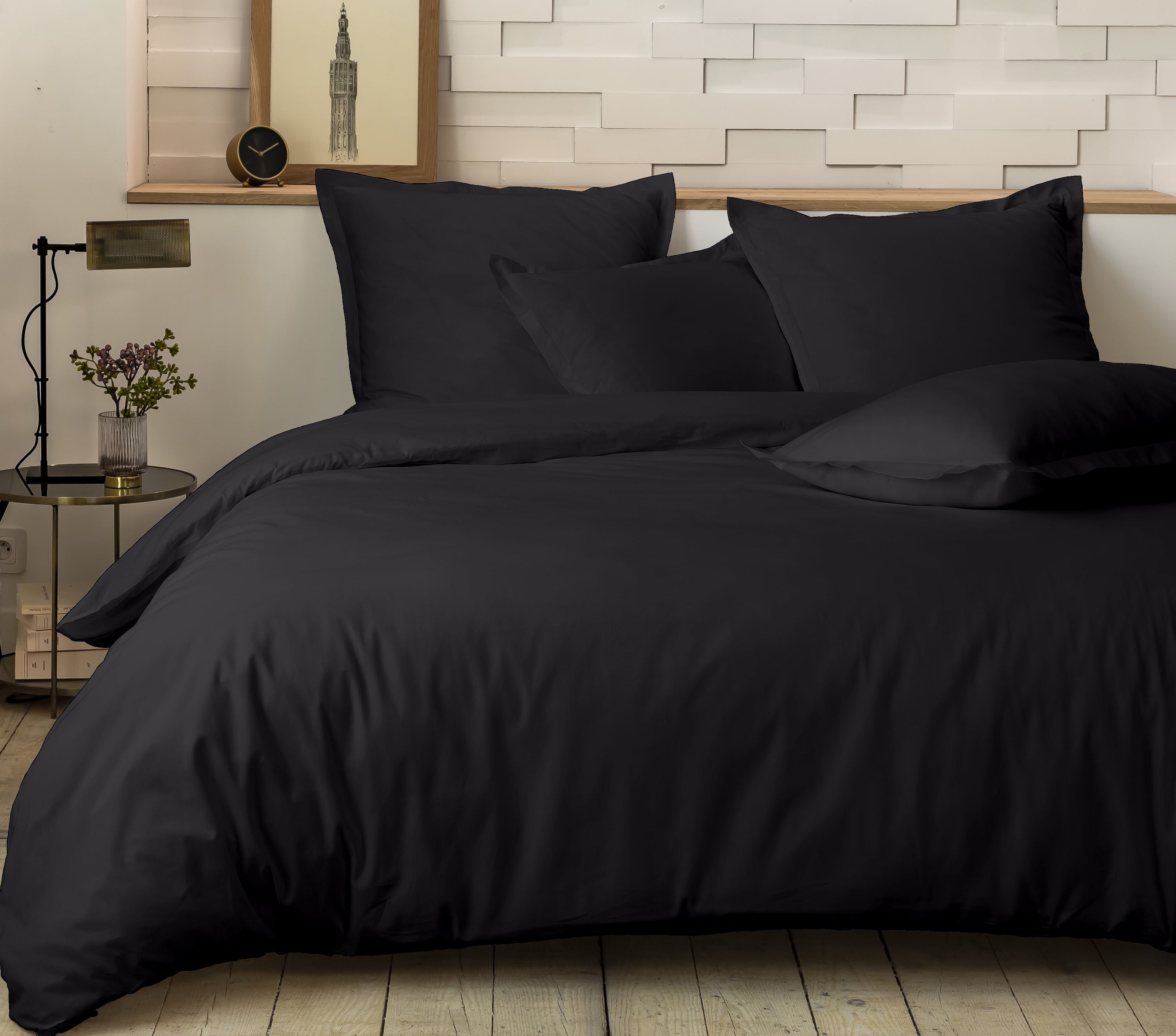 Parure De Lit Complète - 3 Pièces - 100% Percale De Coton - Mura - Noir