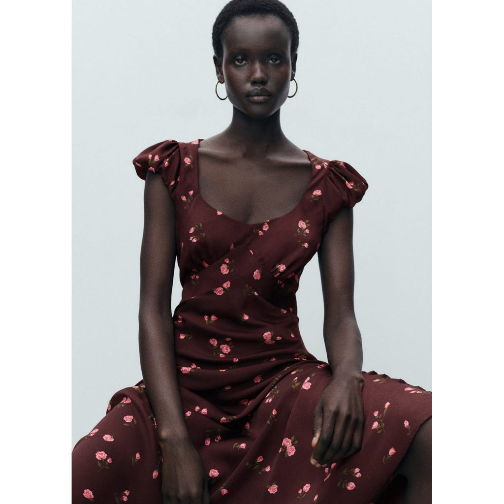 Robe Mi-Longue À Fleurs Manches Courtes