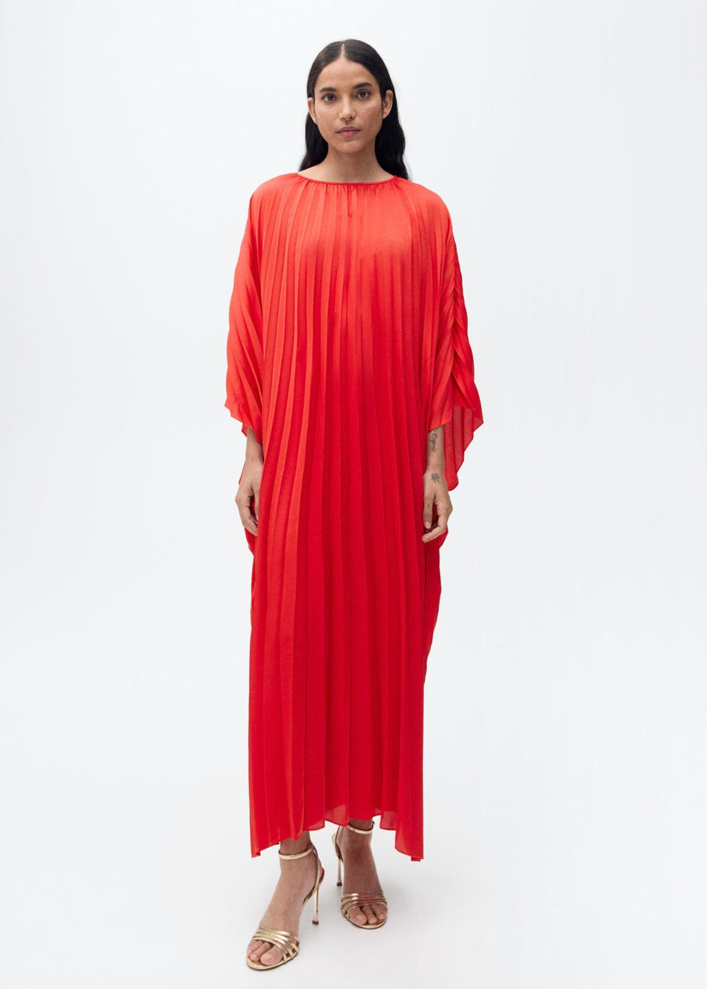 Robe Plissée À Manches Trois-Quarts