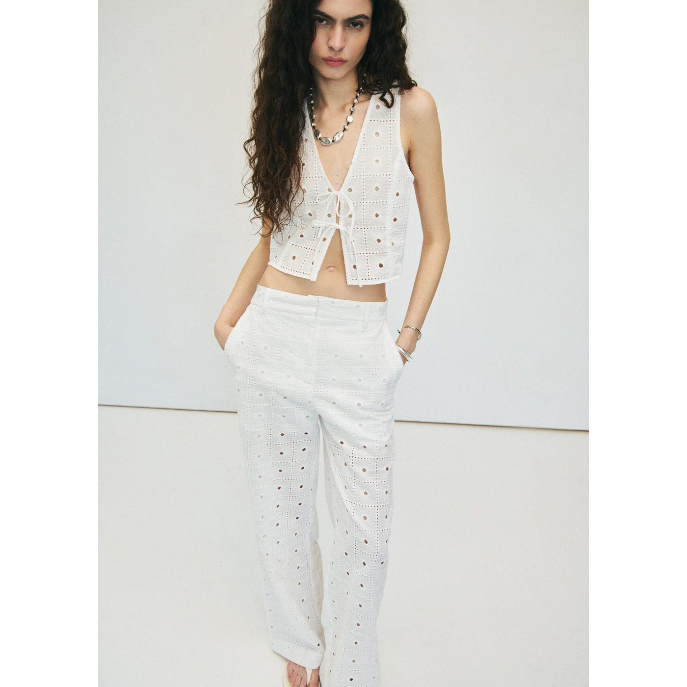 Pantalon Droit Coton Brodé