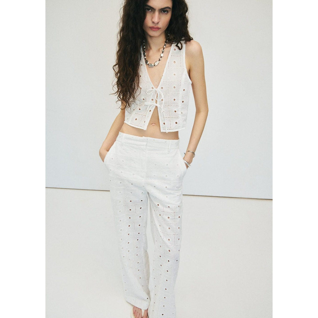 Pantalon Droit Coton Brodé