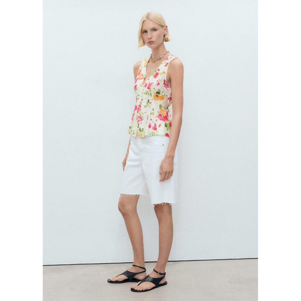 Blouse Ajustée À Fleurs Et Boutons