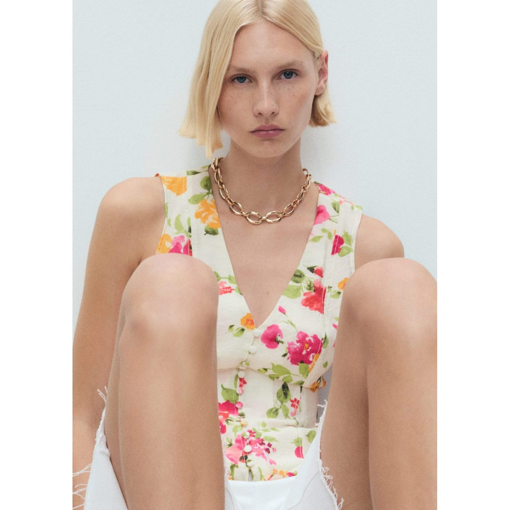 Blouse Ajustée À Fleurs Et Boutons
