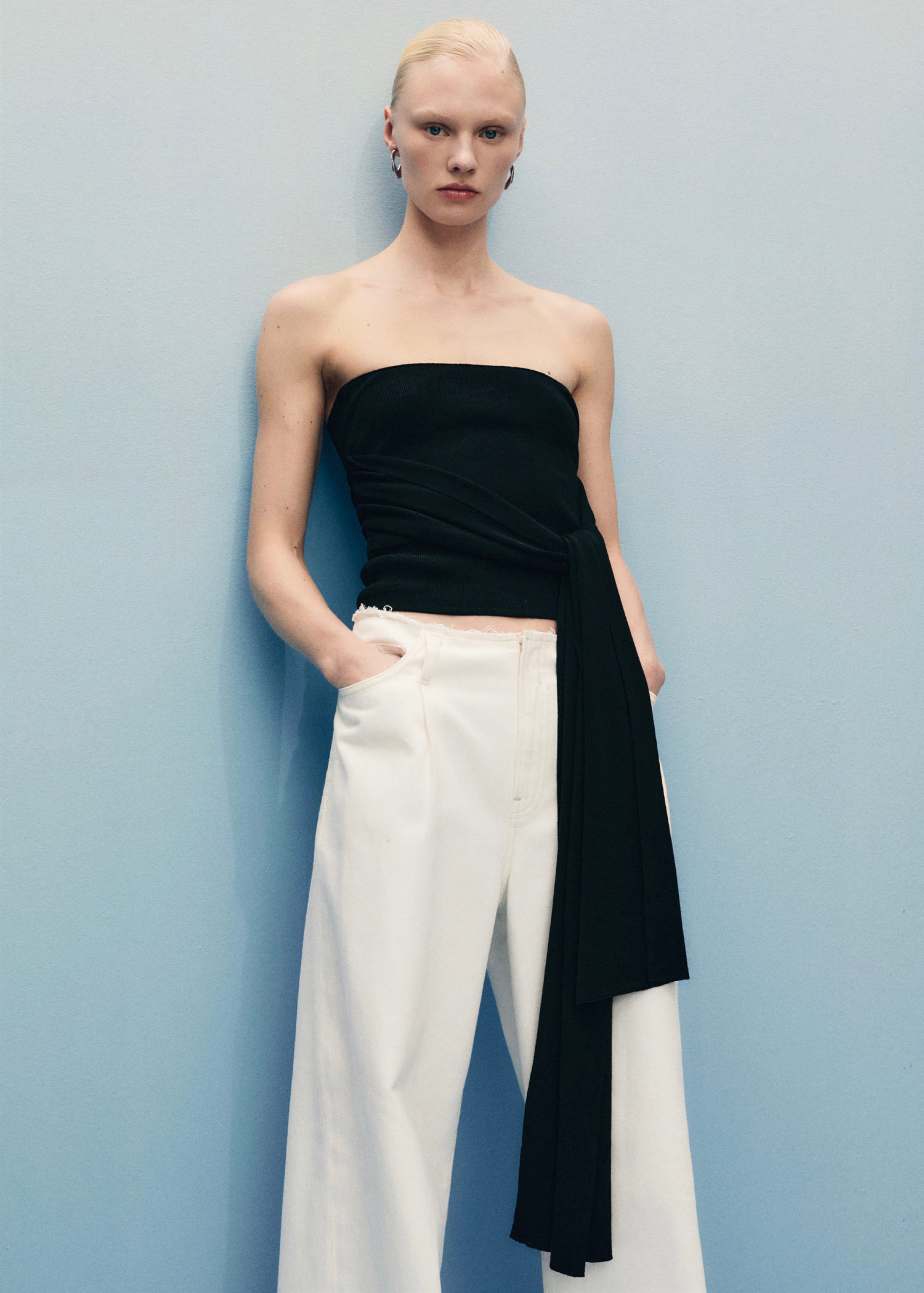Pantalon En Denim Wideleg Taille Effilochée
