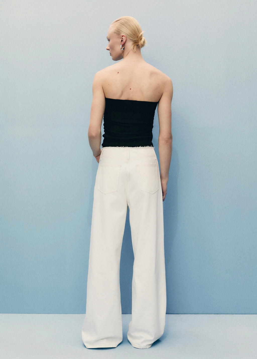 Pantalon En Denim Wideleg Taille Effilochée
