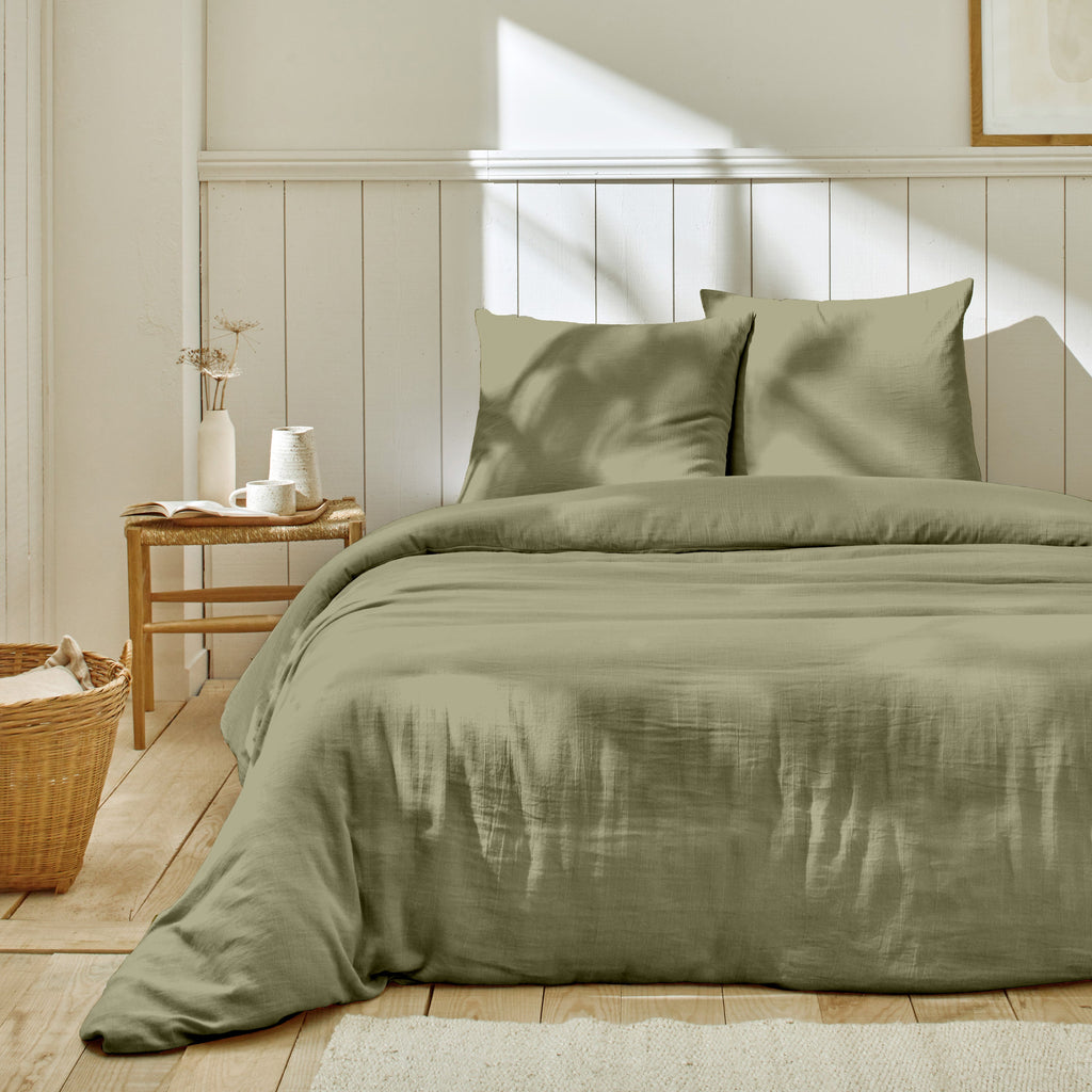 Parure De Lit Complète - 3 Pièces - 100% Gaze De Coton - Vert De Gris