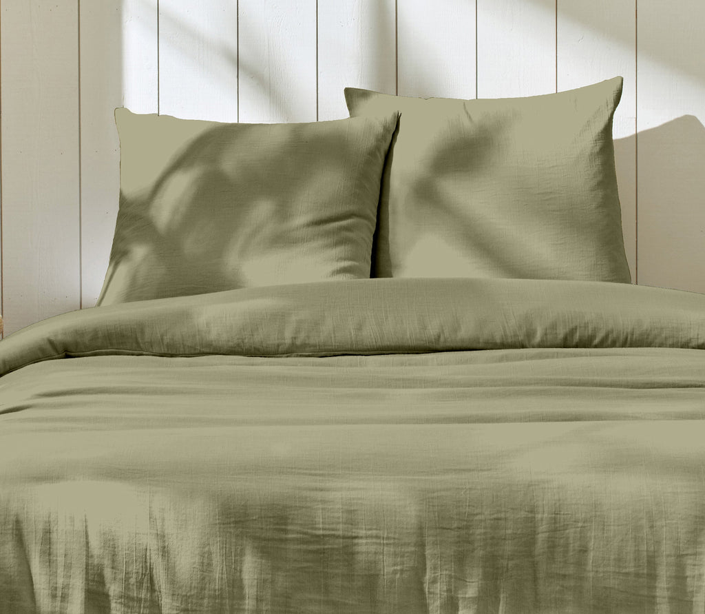 Parure De Lit Complète - 3 Pièces - 100% Gaze De Coton - Vert De Gris