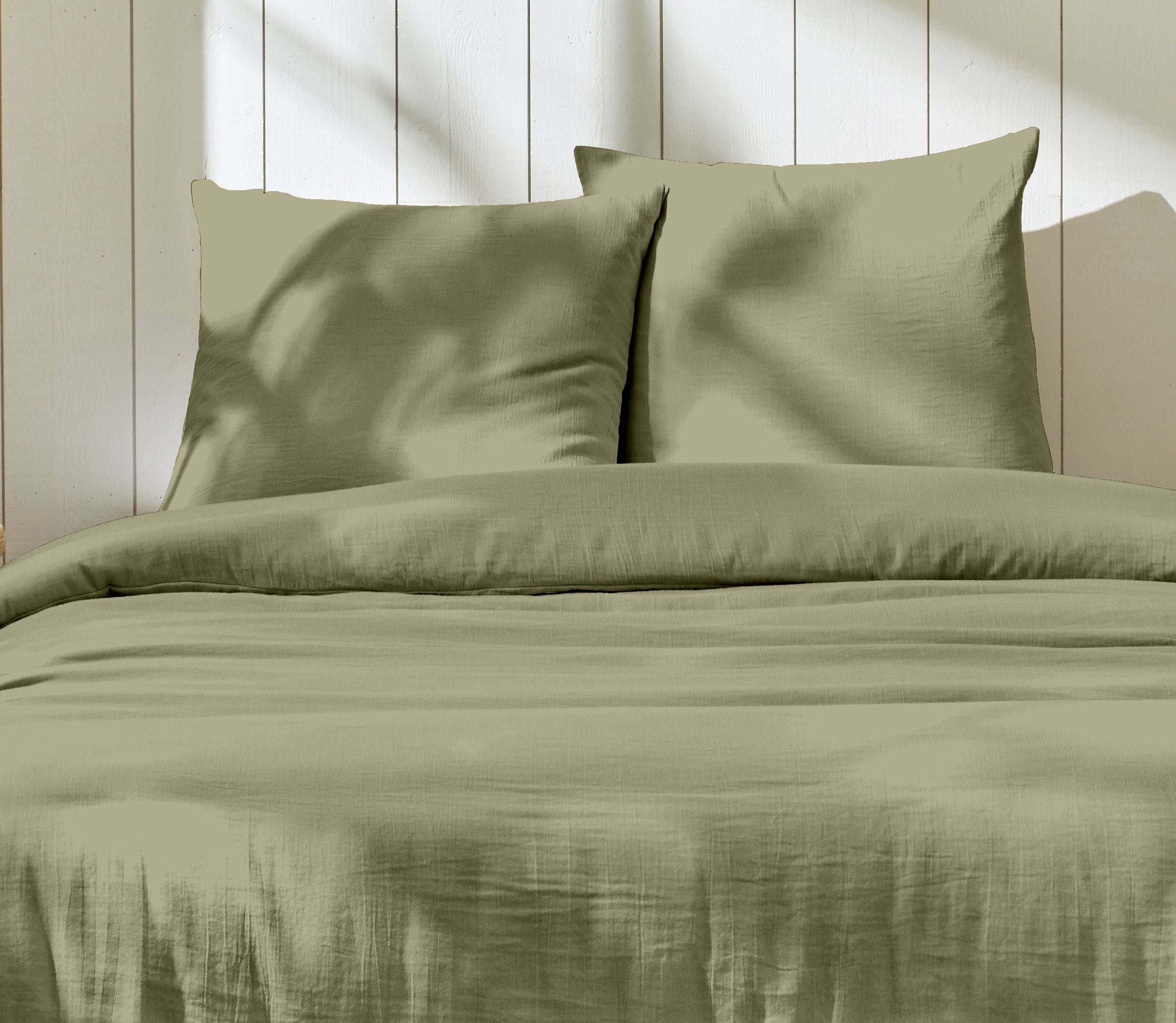 Parure De Lit Complète - 3 Pièces - 100% Gaze De Coton - Vert De Gris