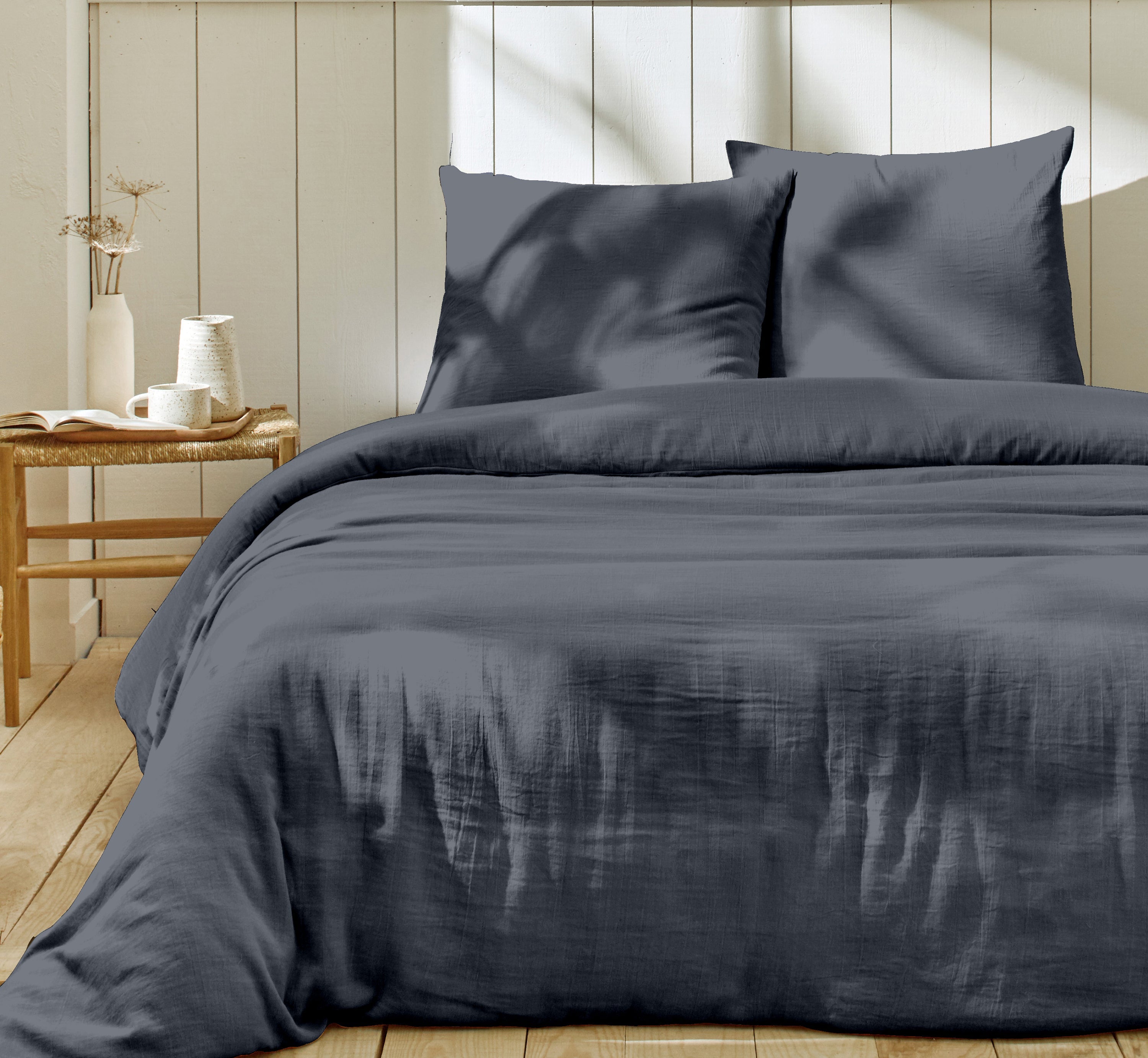 Parure De Lit Complète - 100% Gaze De Coton - 3 Pièces - Bleu Jean