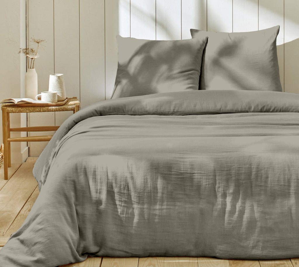 Parure De Lit Complète 100% Gaze De Coton - Gris Galet