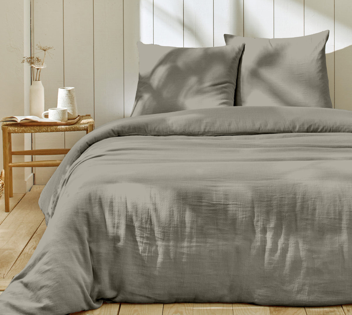 Parure De Lit Complète 100% Gaze De Coton - Gris Galet