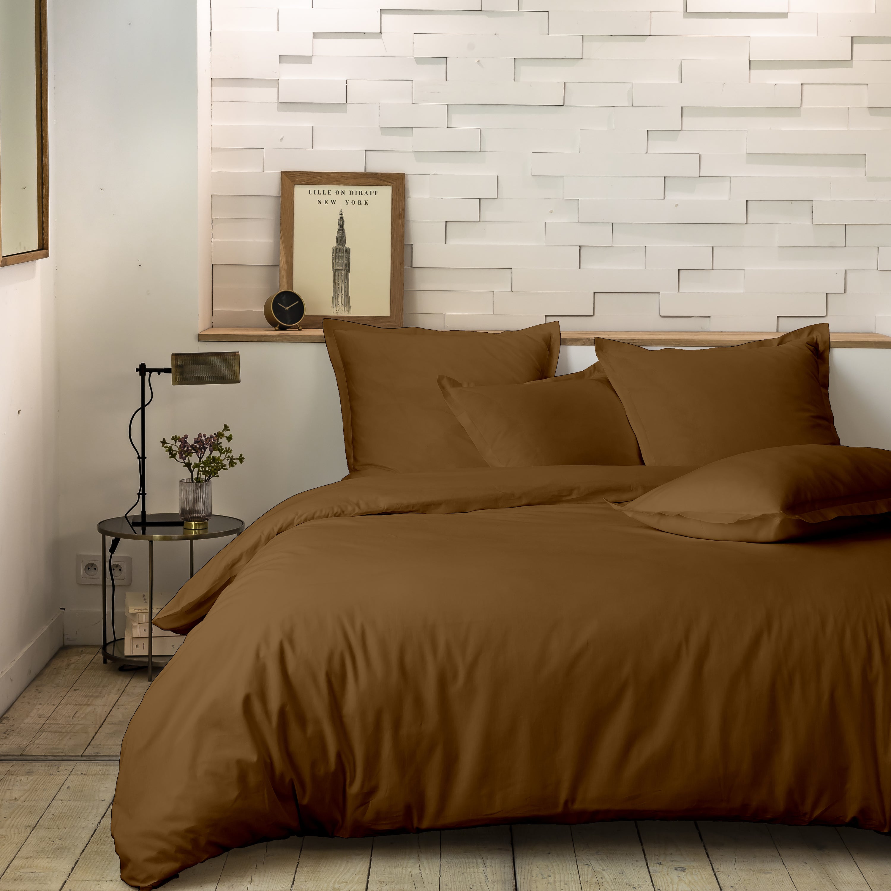Parure De Lit Complète - 3 Pièces - 100% Percale De Coton - Mura - Ocre