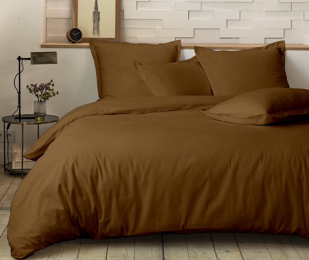 Parure De Lit Complète - 3 Pièces - 100% Percale De Coton - Mura - Ocre