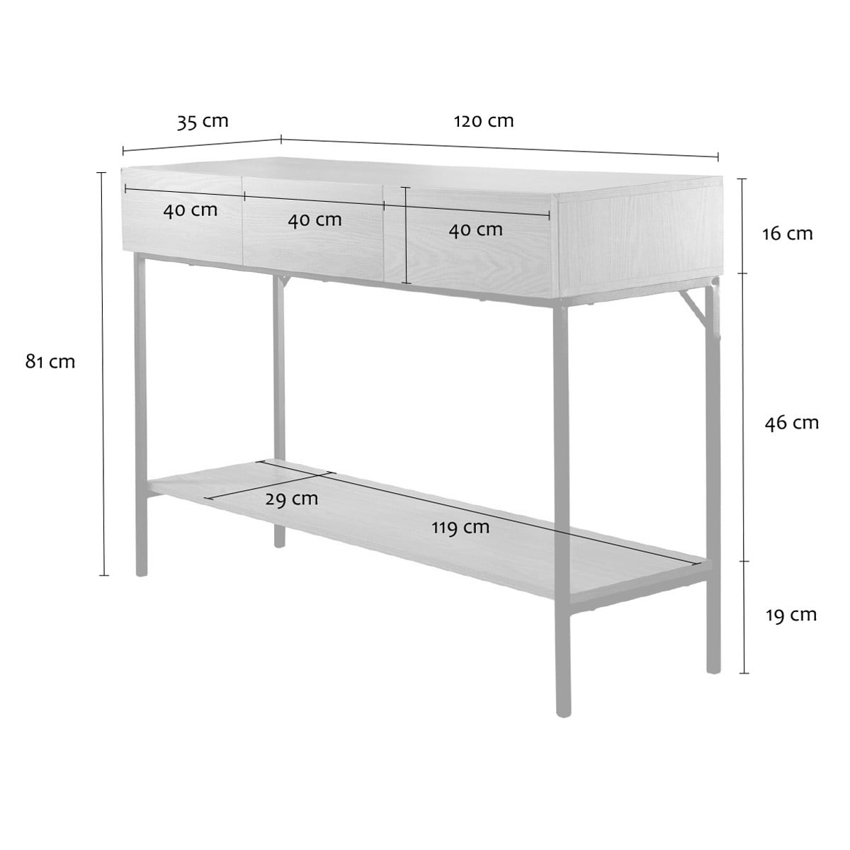 Tessa - Console 3 Tiroirs - Bois & Metal