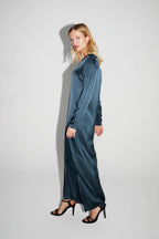 Maxi Dress Satin Viscose Stretch Bleu Atlantique Fabriquée En Italie