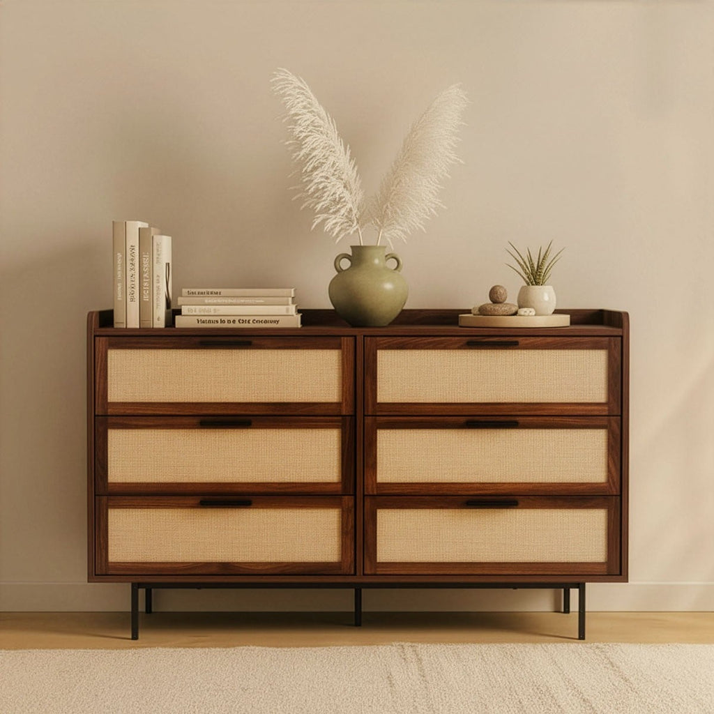 Jetson - Commode 6 Tiroirs - Tissu & Noyer