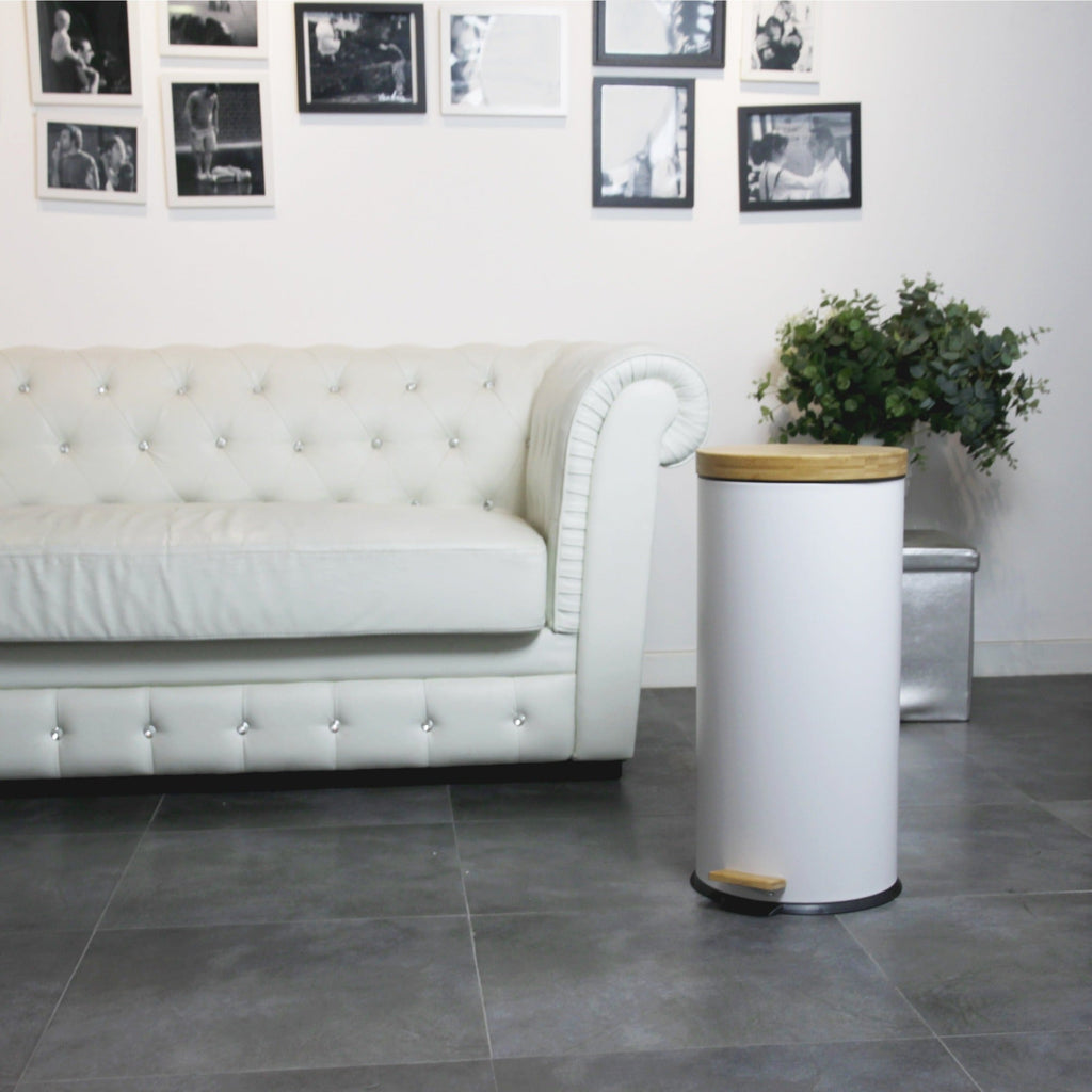 Poubelle bois de cuisine à pédale 30L Naturel FOREST Blanc en acier Inox couvercle en bambou avec seau - REDDECO.com