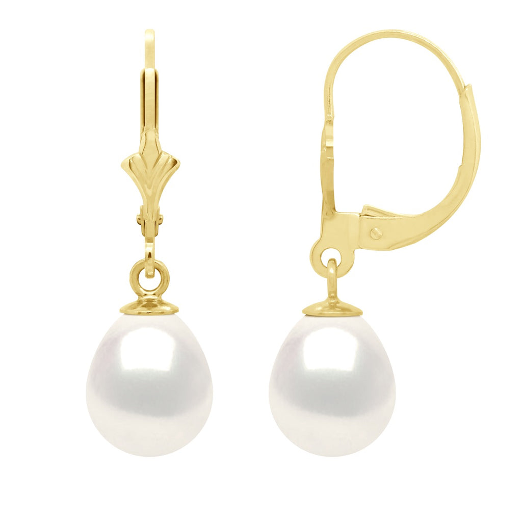 Boucles D'Oreilles Pendantes Perles Poires 8-9 Mm - Système Brisures - Or 375 - Callas