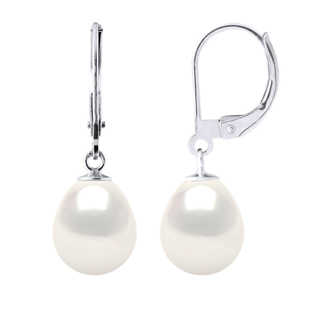 Boucles D'Oreilles En Or Blanc 375 Millièmes Et Véritables Perles De Culture D'Eau Douce Poires 9-10 Mm