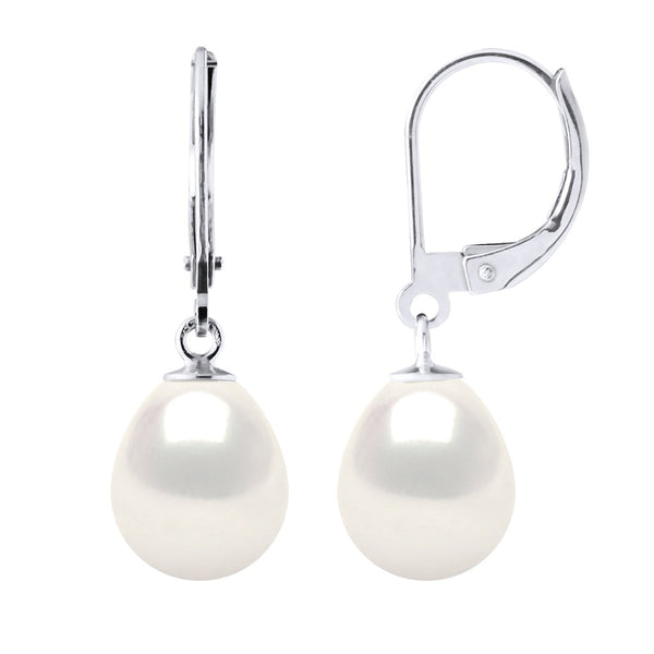 Boucles D'Oreilles En Or Blanc 375 Millièmes Et Véritables Perles De Culture D'Eau Douce Poires 9-10 Mm