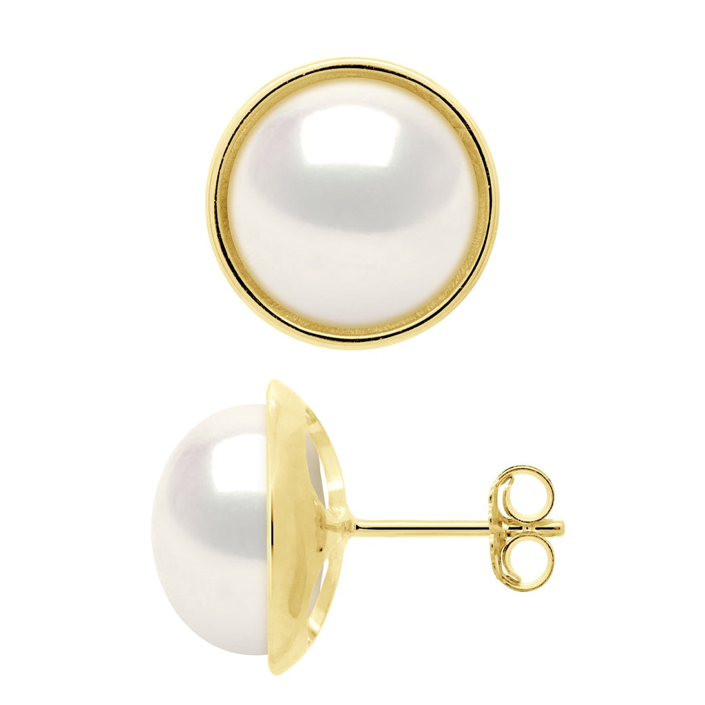 Boucles D'Oreilles Perles Boutons 10-11 Mm - Entourage Lisse - Or 375 - Vaiseau