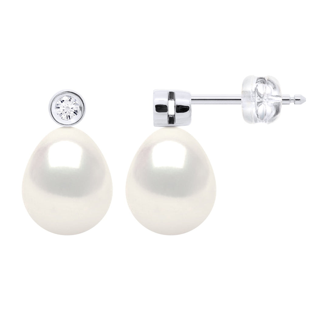 Boucles D'Oreilles Perles Poires 8-9 Mm - Diamants 0.020 Cts - Joaillerie Or 375 - Montaigne
