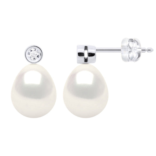 Boucles D'Oreilles Perles Poires 8-9 Mm - Diamants 0.020 Cts - Joaillerie Or 375 - Montaigne