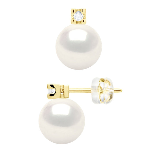 Boucles D'Oreilles Prestige Perles Rondes 8-9 Mm  - Diamants 0.040 Cts - Joaillerie Or 375 - Eiffel