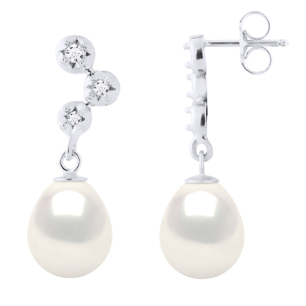 Boucles D'Oreilles Prestige Perles Poires 9-10 Mm - Diamants 0.120 Cts - Joaillerie Or 375 - Wagram