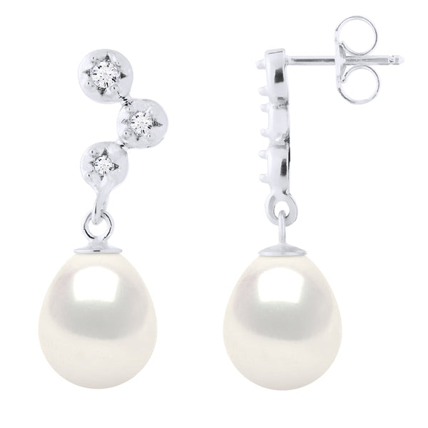 Boucles D'Oreilles Prestige Perles Poires 9-10 Mm - Diamants 0.120 Cts - Joaillerie Or 375 - Wagram