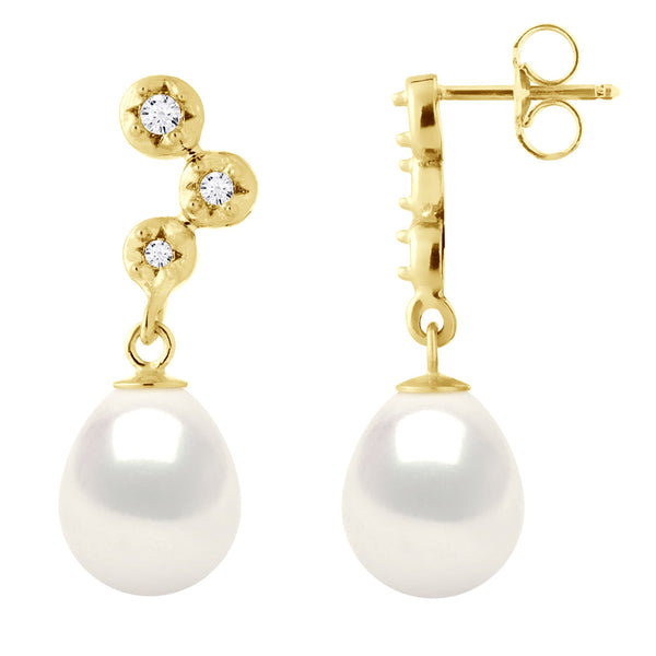 Boucles D'Oreilles Prestige Perles Poires 9-10 Mm - Diamants 0.120 Cts - Joaillerie Or 375 - Wagram