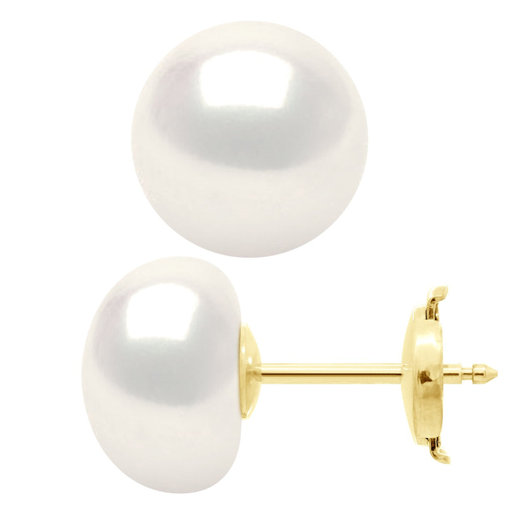 Boucles D'Oreilles En Or Jaune 375 Millièmes Et Véritables Perles De Culture D'Eau Douce Boutons 10-11 Mm