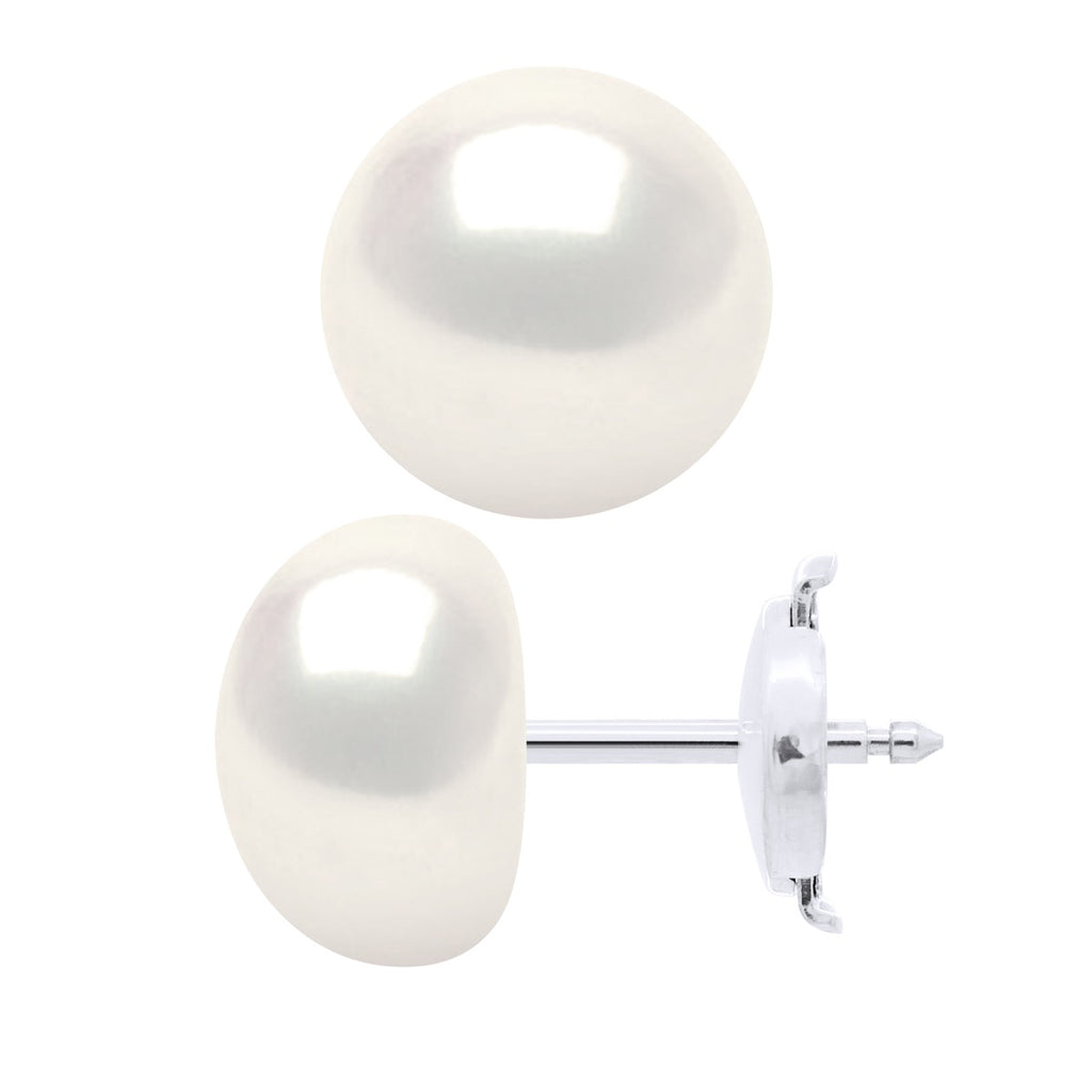 Boucles D'Oreilles - Or Blanc - Véritables Perles De Culture D'Eau Douce Boutons 9-10 Mm