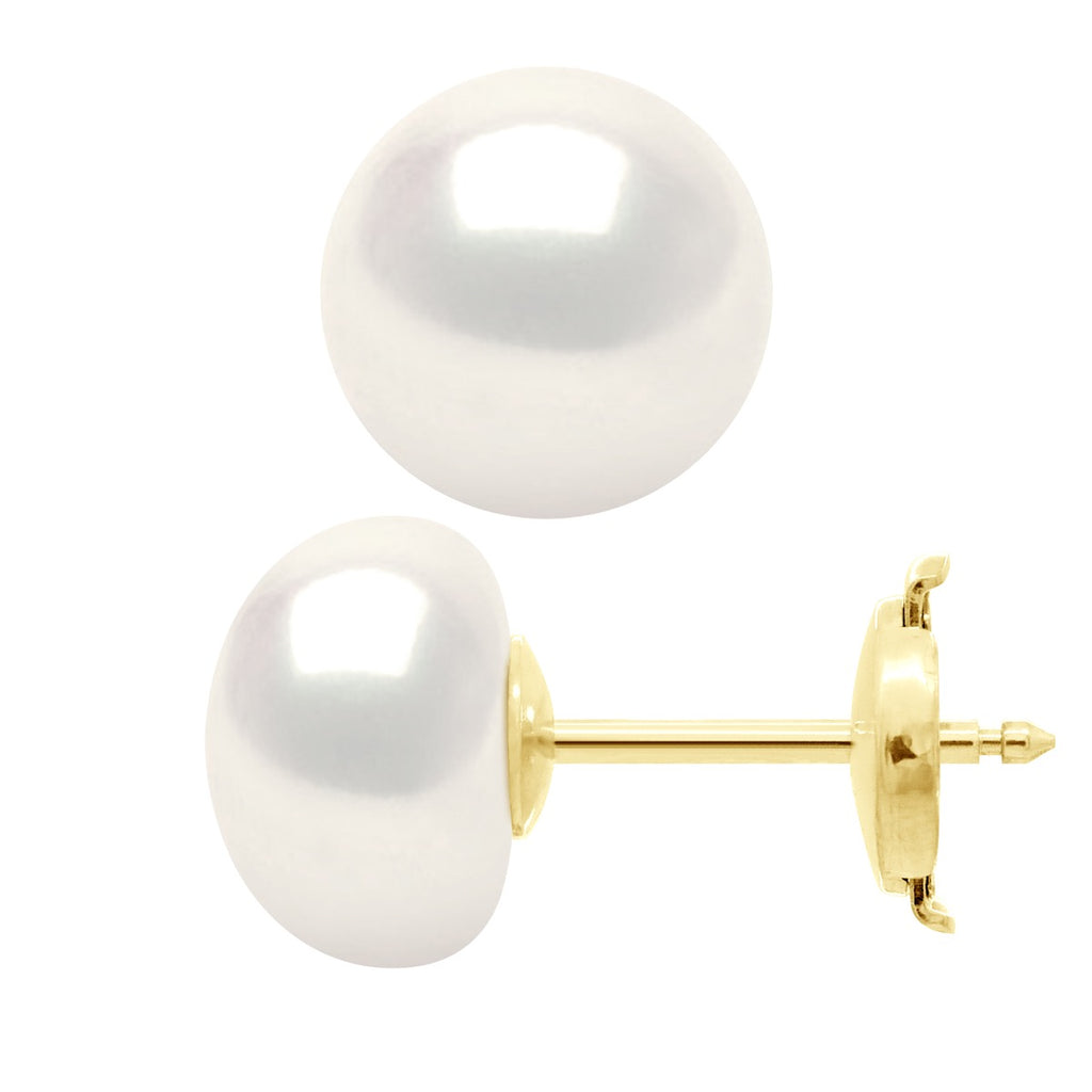 Boucles D'Oreilles - Or Jaune - Véritables Perles De Culture D'Eau Douce Boutons 9-10 Mm