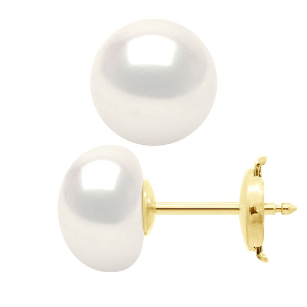 Boucles D'Oreilles - Or Jaune - Véritables Perles De Culture D'Eau Douce Boutons 9-10 Mm