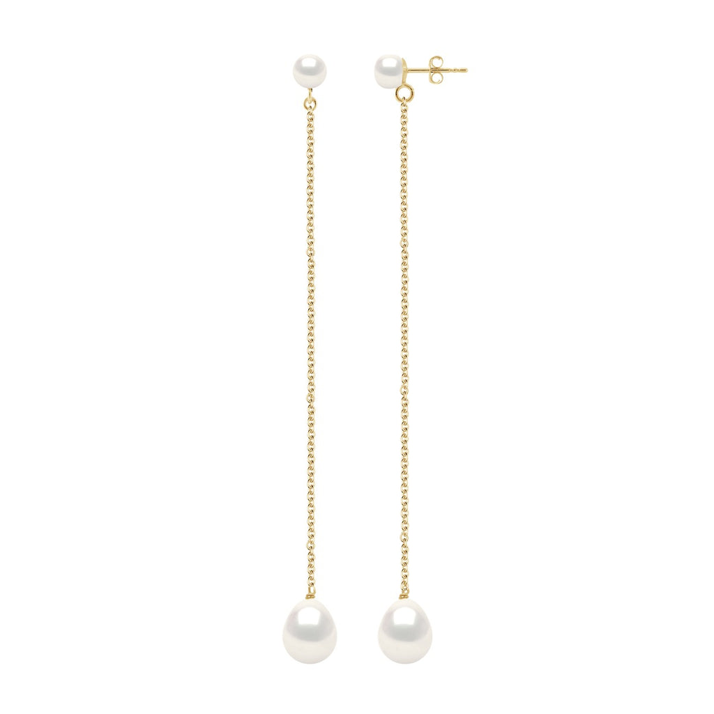 Boucles D'Oreilles Pendantes Perles Boutons 5-6 Mm Et Poires 8-9 Mm - Système Poussettes - Or 375 - Friedland