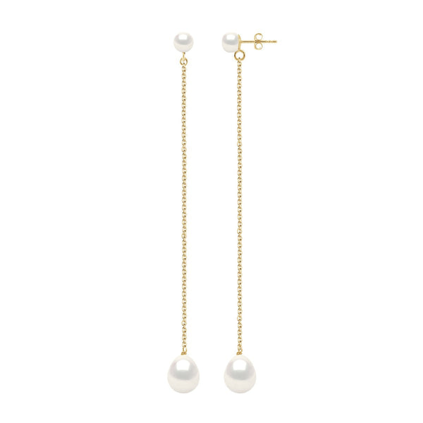 Boucles D'Oreilles Pendantes Perles Boutons 5-6 Mm Et Poires 8-9 Mm - Système Poussettes - Or 375 - Friedland