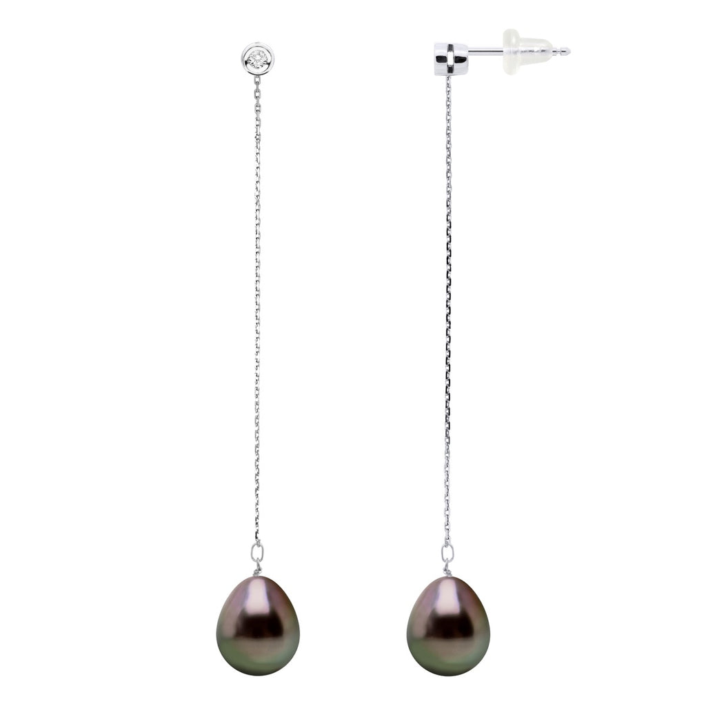 Boucles D'Oreilles Pendantes Perles De Tahiti Poires 9-10 Mm - Diamants 0.020 Cts - Joaillerie Or 375 - Tavana